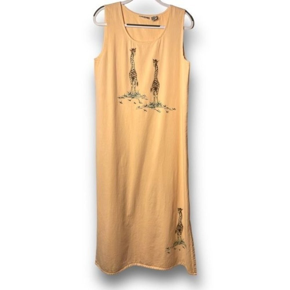 Vintage 90s Las Olas Size M Neutral Peach Orange RARE Painted Giraffe Maxi Dress